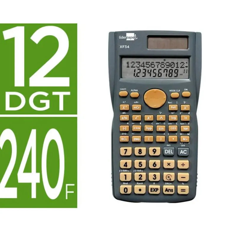 CALCULADORA LIDERPAPEL CIENTIFICA XF34 12 DIGITOS 240 FUNCIONES CON TAPA SOLAR Y PILAS COLOR GRIS 156X85X20