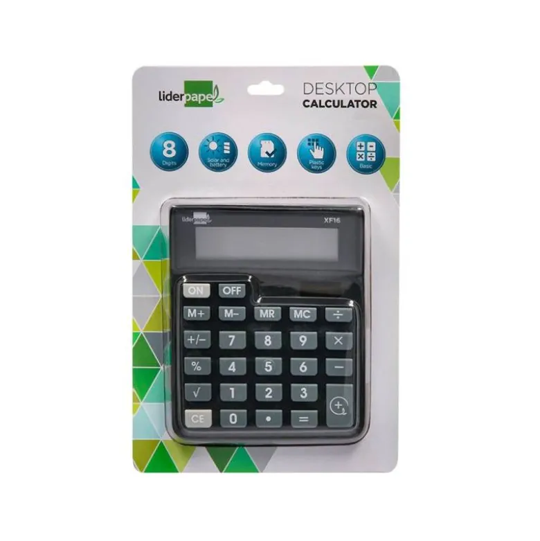 CALCULADORA LIDERPAPEL SOBREMESA XF16 8 DIGITOS SOLAR Y PILAS COLOR NEGRO 127X105X24 MM