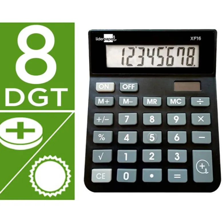 CALCULADORA LIDERPAPEL SOBREMESA XF16 8 DIGITOS SOLAR Y PILAS COLOR NEGRO 127X105X24 MM