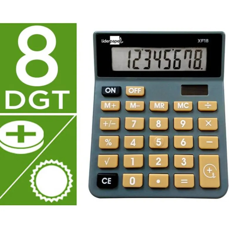 CALCULADORA LIDERPAPEL SOBREMESA XF18 8 DIGITOS SOLAR Y PILAS COLOR GRIS 127X105X24 MM