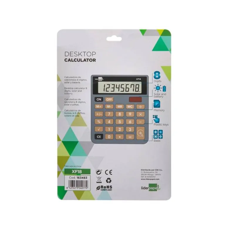 CALCULADORA LIDERPAPEL SOBREMESA XF18 8 DIGITOS SOLAR Y PILAS COLOR GRIS 127X105X24 MM