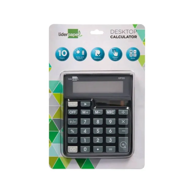 CALCULADORA LIDERPAPEL SOBREMESA XF20 10 DIGITOS SOLAR Y PILAS COLOR NEGRO 127X105X24 MM