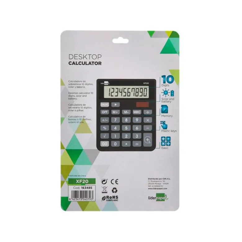 CALCULADORA LIDERPAPEL SOBREMESA XF20 10 DIGITOS SOLAR Y PILAS COLOR NEGRO 127X105X24 MM