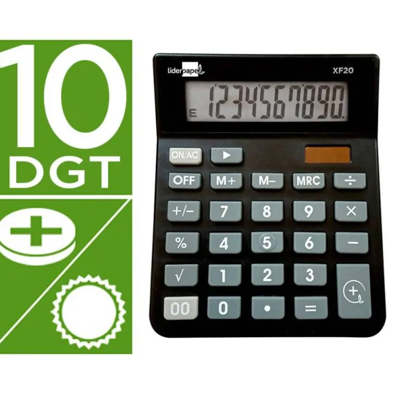 CALCULADORA LIDERPAPEL SOBREMESA XF20 10 DIGITOS SOLAR Y PILAS COLOR NEGRO 127X105X24 MM