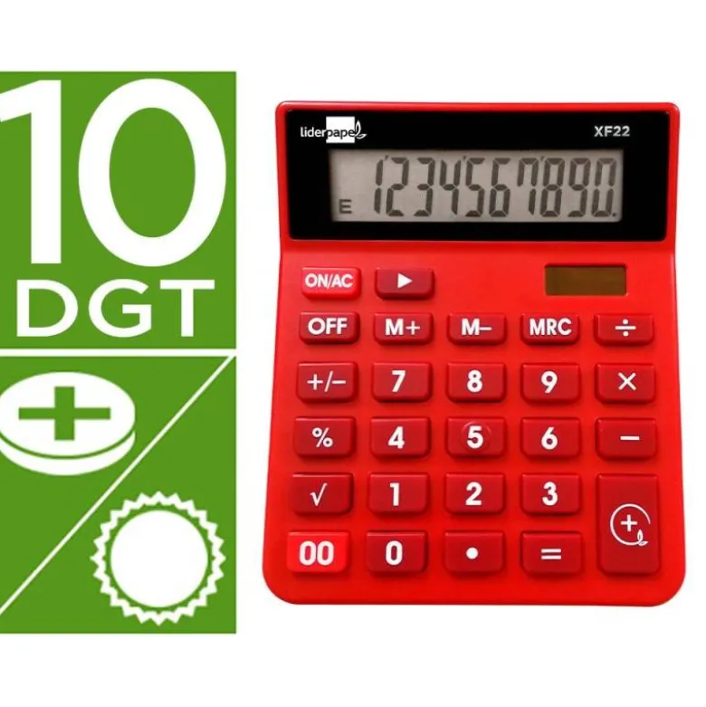 CALCULADORA LIDERPAPEL SOBREMESA XF22 10 DIGITOS SOLAR Y PILAS COLOR ROJO 127X105X24 MM