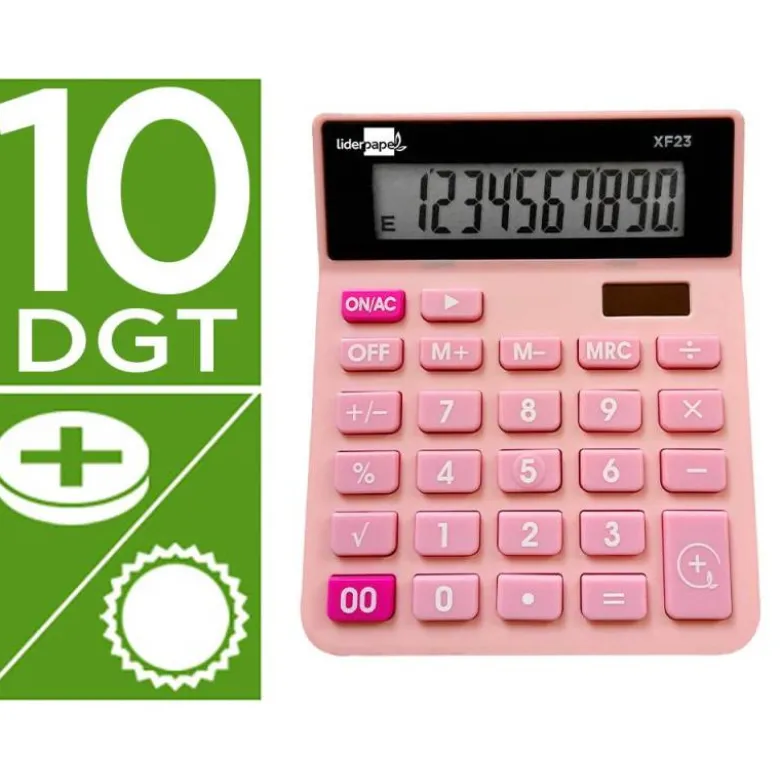 CALCULADORA LIDERPAPEL SOBREMESA XF23 10 DIGITOS SOLAR Y PILAS COLOR ROSA 127X105X24 MM