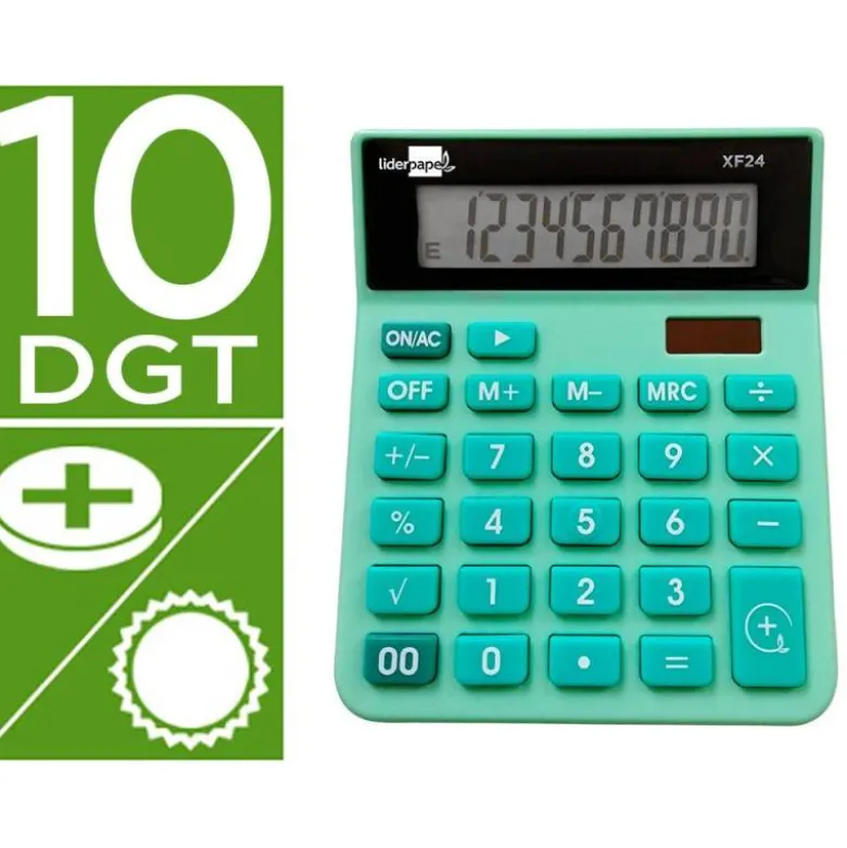 CALCULADORA LIDERPAPEL SOBREMESA XF24 10 DIGITOS SOLAR Y PILAS COLOR VERDE 127X105X24 MM