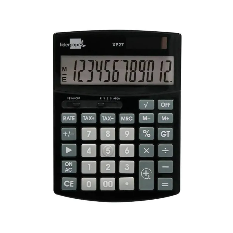 CALCULADORA LIDERPAPEL SOBREMESA XF27 12 DIGITOS TASAS SOLAR Y PILAS COLOR NEGRO 155X115X25 MM