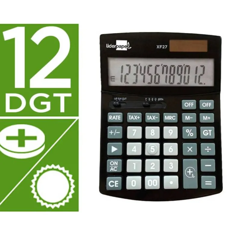 CALCULADORA LIDERPAPEL SOBREMESA XF27 12 DIGITOS TASAS SOLAR Y PILAS COLOR NEGRO 155X115X25 MM