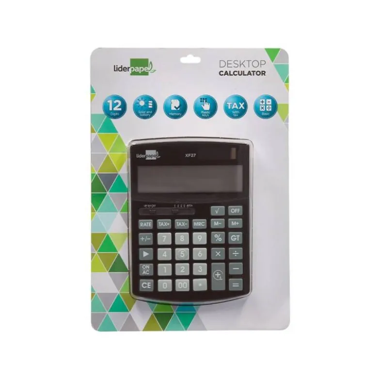 CALCULADORA LIDERPAPEL SOBREMESA XF27 12 DIGITOS TASAS SOLAR Y PILAS COLOR NEGRO 155X115X25 MM
