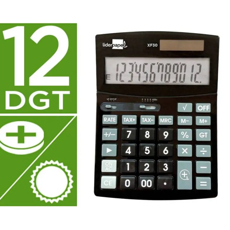 CALCULADORA LIDERPAPEL SOBREMESA XF30 12 DIGITOS TASAS SOLAR Y PILAS COLOR NEGRO 190X140X25 MM