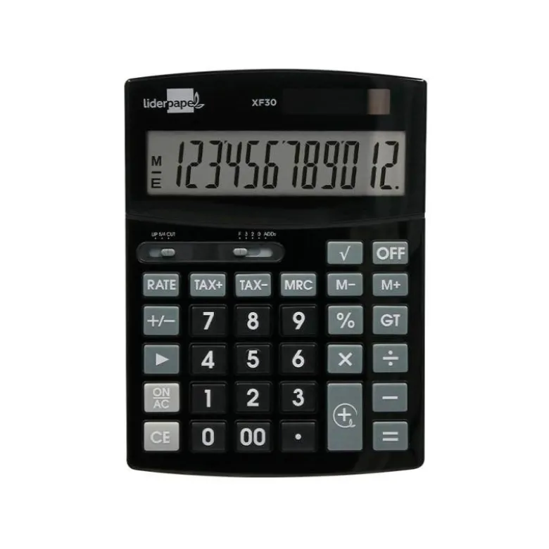 CALCULADORA LIDERPAPEL SOBREMESA XF30 12 DIGITOS TASAS SOLAR Y PILAS COLOR NEGRO 190X140X25 MM