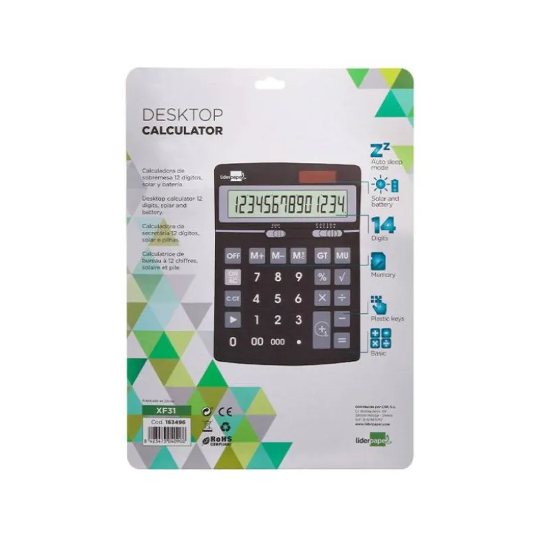 CALCULADORA LIDERPAPEL SOBREMESA XF31 14 DIGITOS SOLAR Y PILAS COLOR NEGRO 170X122X35 MM
