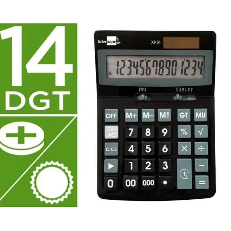 CALCULADORA LIDERPAPEL SOBREMESA XF31 14 DIGITOS SOLAR Y PILAS COLOR NEGRO 170X122X35 MM