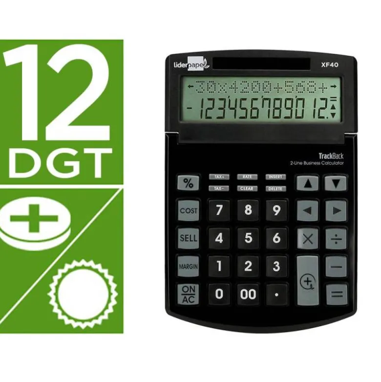 CALCULADORA LIDERPAPEL SOBREMESA XF40 12 DIGITOS DOS LINEAS SOLAR Y PILAS NEGRO 175X120X30 MM 40% PLASTICO
