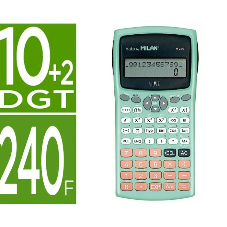CALCULADORA MILAN CIENTIFICA M240 SILVER 2 LINEAS 240 FUNCIONES 10+2 DIGITOS COLOR VERDE TURQUESA CON TAPA COLOR