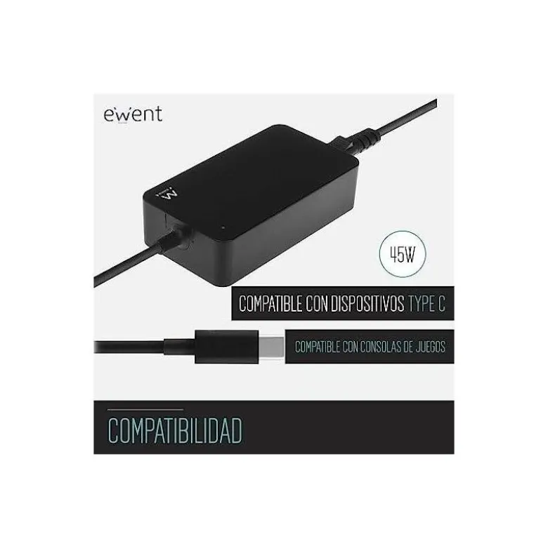 CARGADOR EWENT PARA PORTATIL USB TYPE-C 100-240V 45W