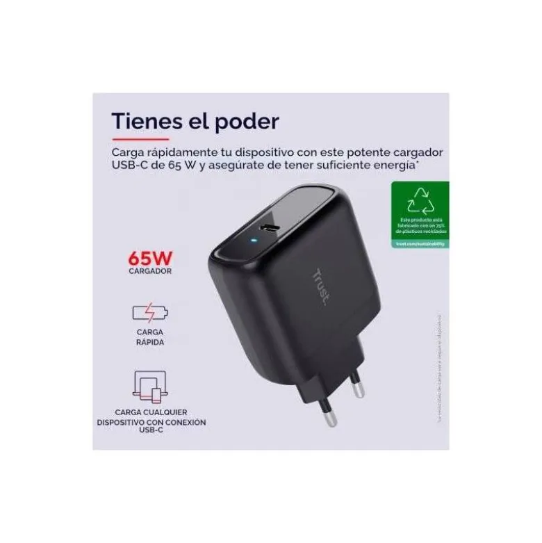 CARGADOR UNIVERSAL TRUST MAXO DE PARED 65W USB-C COLOR NEGRO