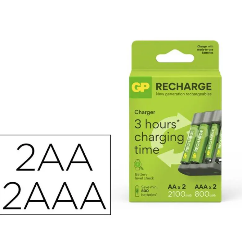 CARGADOR DE PILAS RECARGABLES GP USB AA /AAA + 2X AA 2100 MAH + 2X AAA 800 MAH