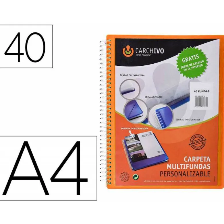 Carpeta carchivo archivex polipropileno canguro naranja escaparate con espiral 40 fundas cierre gomas Din A4