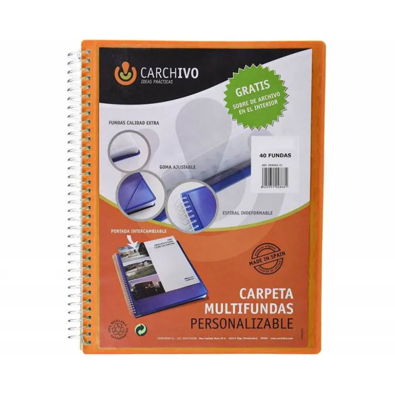 Carpeta carchivo archivex polipropileno canguro naranja escaparate con espiral 40 fundas cierre gomas Din A4