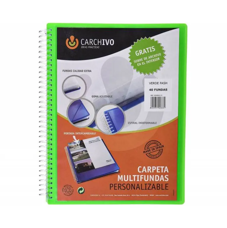 Carpeta carchivo archivex polipropileno canguro verde escaparate con espiral 40 fundas cierre gomas Din A4
