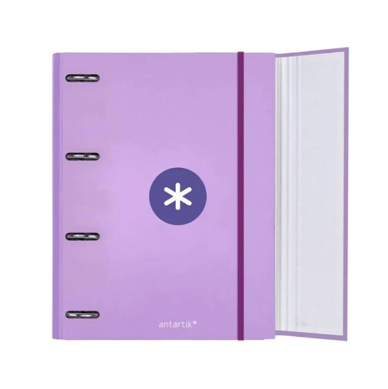 CARPETA CON RECAMBIO LIDERPAPEL ANTARTIK A4 CUADRO 5MM FORRADA 4 ANILLAS 40MM REDONDAS COLOR LAVANDA