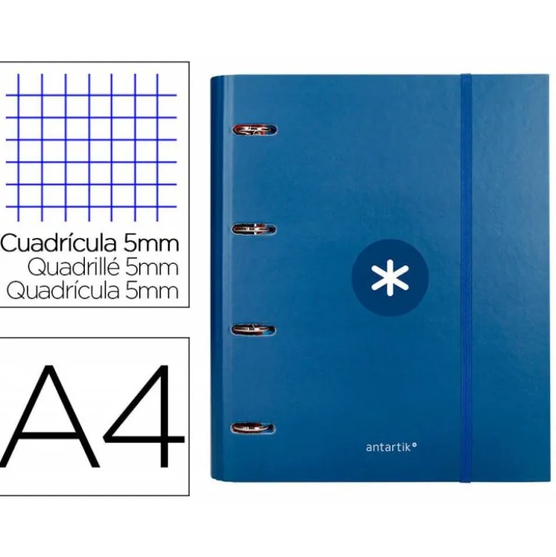 CARPETA CON RECAMBIO LIDERPAPEL ANTARTIK A4 CUADRO 5 MM FORRADA 4 ANILLAS 40MM REDONDAS COLOR AZUL MARINO