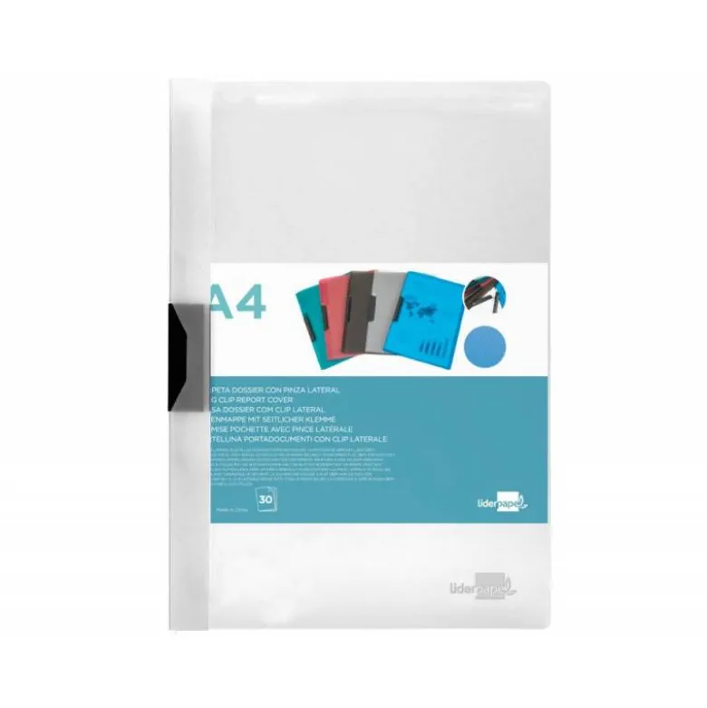 Carpeta dossier con pinza lateral Liderpapel 30 hojas Din A4 color transparente