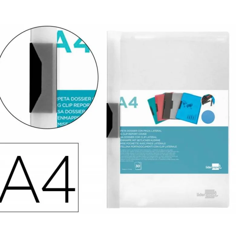 Carpeta dossier con pinza lateral Liderpapel 30 hojas Din A4 color transparente