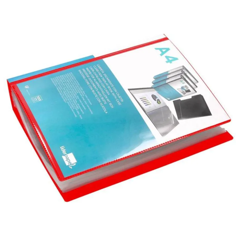 Carpeta escaparate Liderpapel DIN A4 100 fundas polipropileno con cajetín color rojo