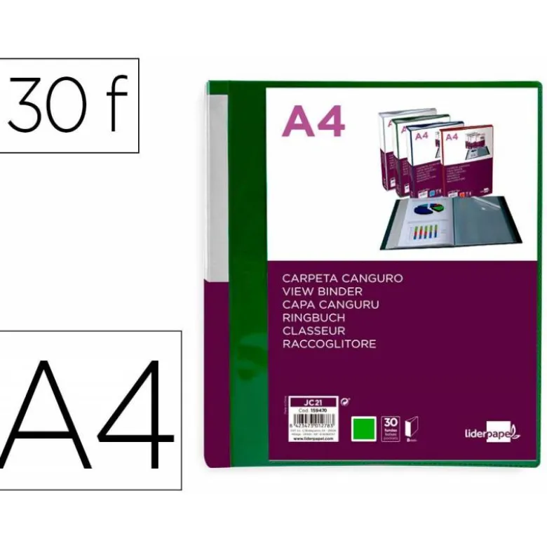 Carpeta Liderpapel 30 fundas canguro pp Din A4 verde translucido portada y lomo personalizable