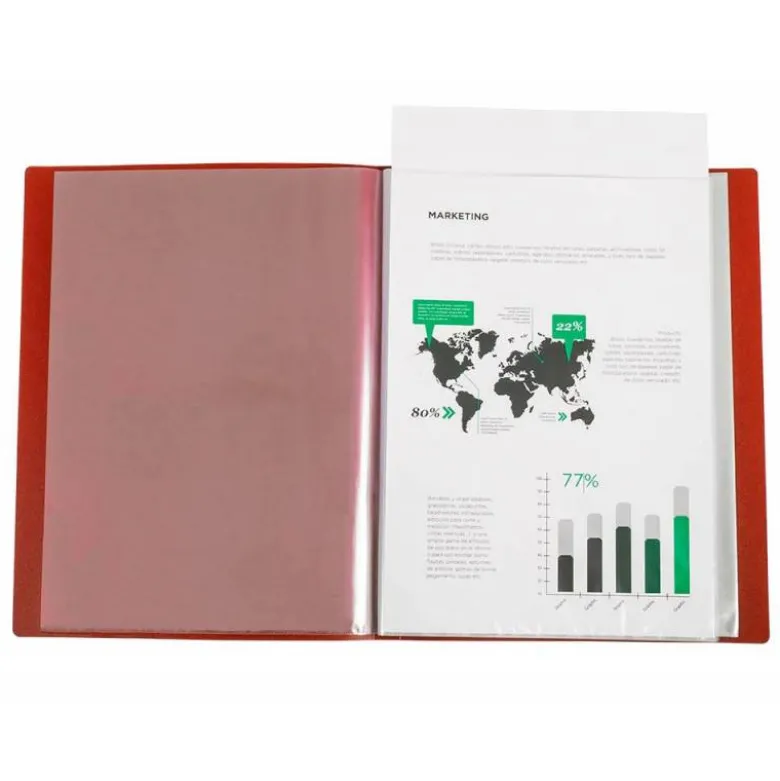 CARPETA LIDERPAPEL 30 FUNDAS CANGURO PP DIN A4 ROJO TRANSLUCIDO PORTADA Y LOMO PERSONALIZABLE