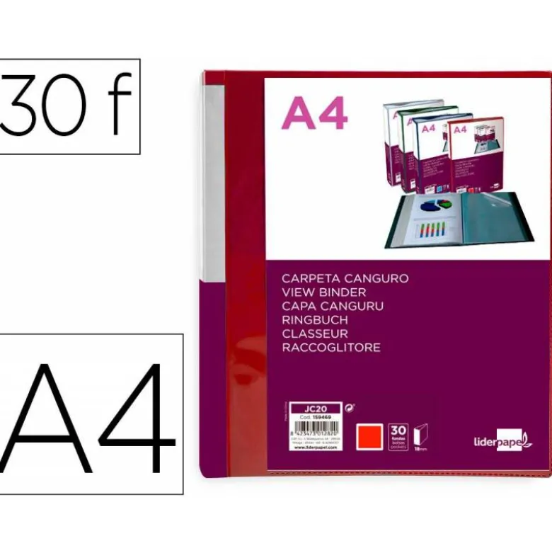CARPETA LIDERPAPEL 30 FUNDAS CANGURO PP DIN A4 ROJO TRANSLUCIDO PORTADA Y LOMO PERSONALIZABLE