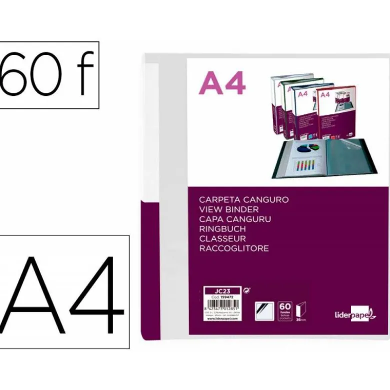 CARPETA LIDERPAPEL 60 FUNDAS CANGURO PP DIN A4 TRANSPARENTE PORTADA Y LOMO PERSONALIZABLE