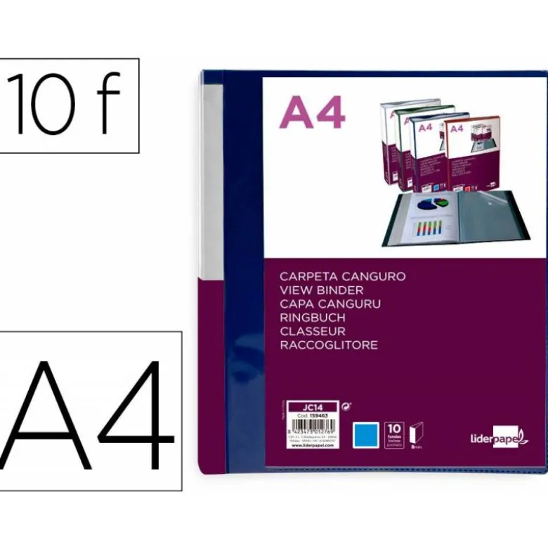 CARPETA LIDERPAPEL 10 FUNDAS CANGURO PP DIN A4 AZUL TRANSLUCIDO PORTADA Y LOMO PERSONALIZABLE