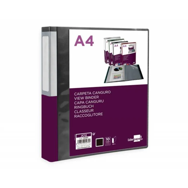 CARPETA LIDERPAPEL 10 FUNDAS CANGURO PP DIN A4 NEGRO OPACO PORTADA Y LOMO PERSONALIZABLE