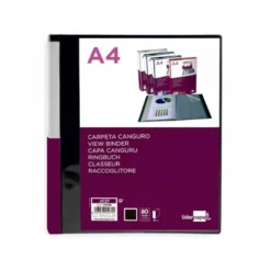 Carpeta Liderpapel 80 fundas canguro pp Din A4 negro opaco portada y lomo personalizable.