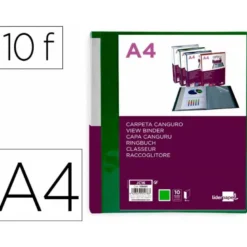 CARPETA LIDERPAPEL 10 FUNDAS CANGURO PP DIN A4 VERDE TRANSLUCIDO PORTADA Y LOMO PERSONALIZABLE
