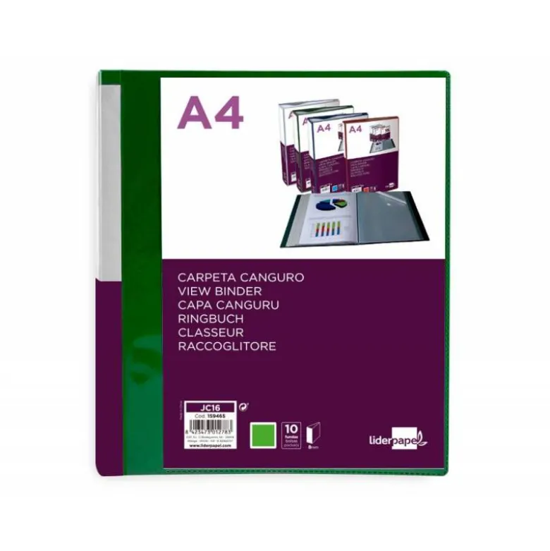 CARPETA LIDERPAPEL 10 FUNDAS CANGURO PP DIN A4 VERDE TRANSLUCIDO PORTADA Y LOMO PERSONALIZABLE