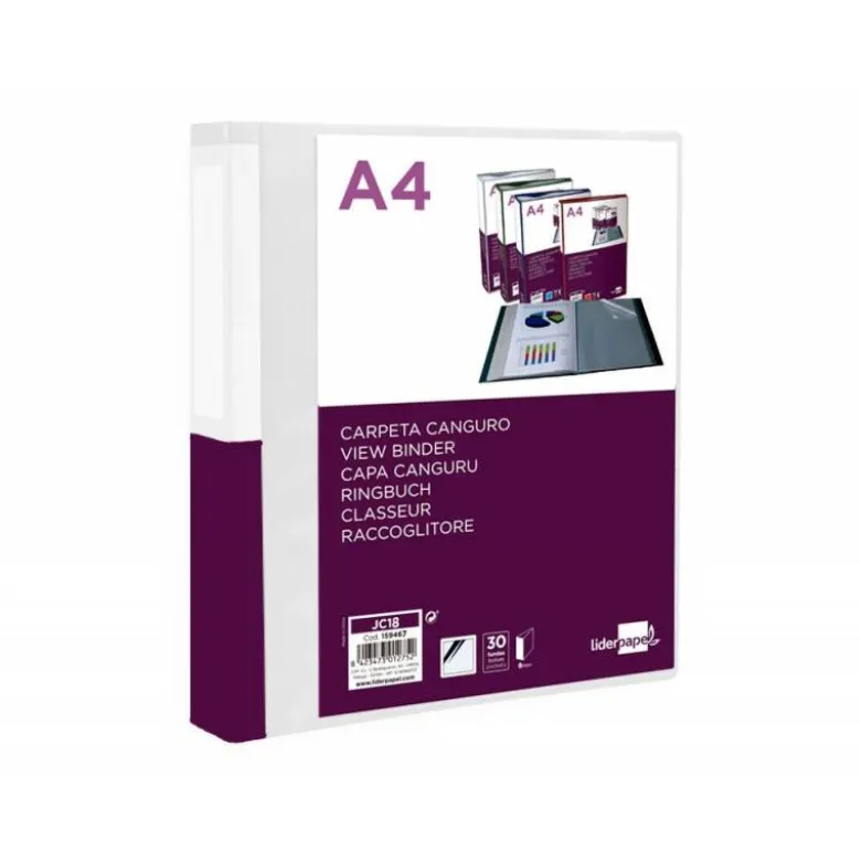 Carpeta Liderpapel 30 fundas canguro pp Din A4 transparente portada y lomo personalizable
