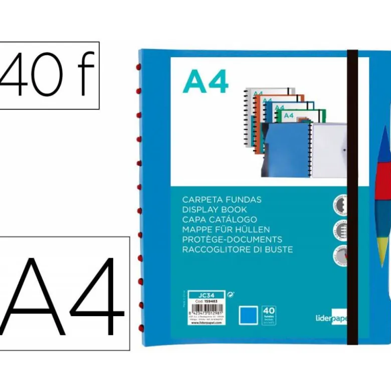 CARPETA LIDERPAPEL A4 CON 40 FUNDAS INTERCAMBIABLES 5 SEP SOBRE Y GOMILLA PORTADA Y LOMO PERSONALIZABLE AZUL