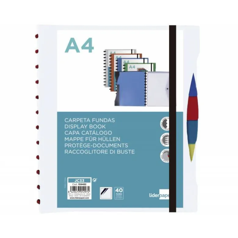 CARPETA LIDERPAPEL A4 CON 40 FUNDAS INTERCAMBIABLES 5 SEP SOBRE Y GOMILLA PORTADA Y LOMOPERSONALIZABLE TRANSPARENTE