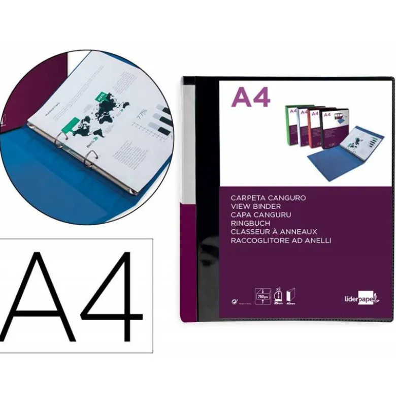 CARPETA LIDERPAPEL CANGURO 2 ANILLAS 25 MM DIN A4 COLOR NEGRO POLIPROPILENO