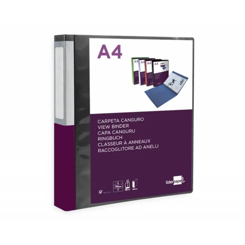 CARPETA LIDERPAPEL CANGURO 2 ANILLAS 25 MM DIN A4 COLOR NEGRO POLIPROPILENO