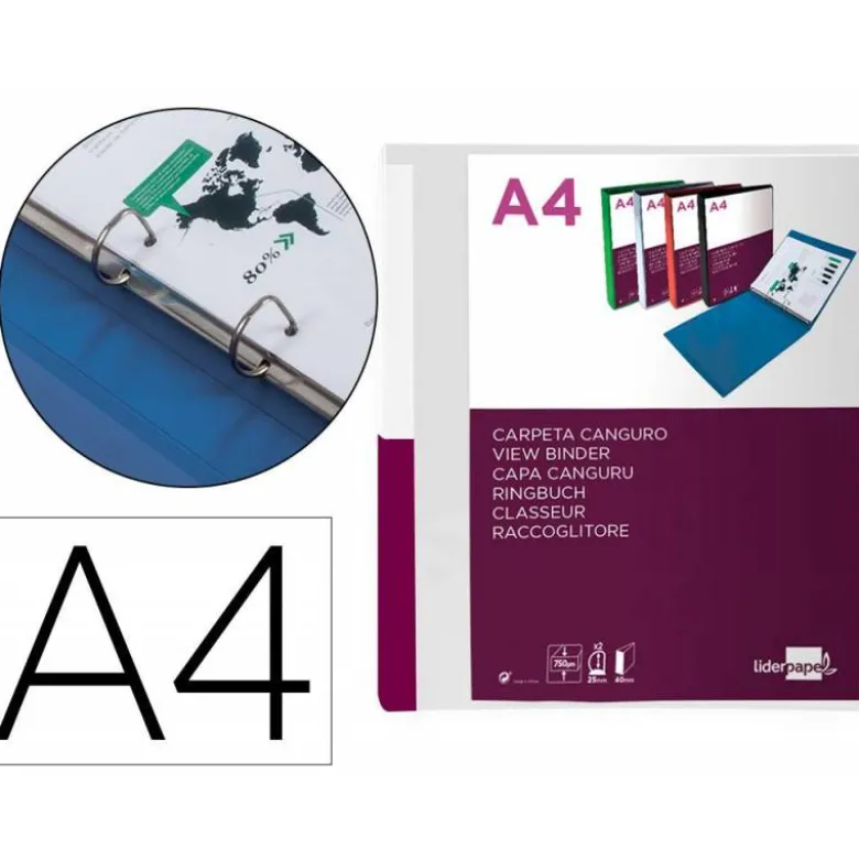CARPETA LIDERPAPEL CANGURO 2 ANILLAS 25 MM MIXTAS POLIPROPILENO DIN A4 TRANSPARENTE