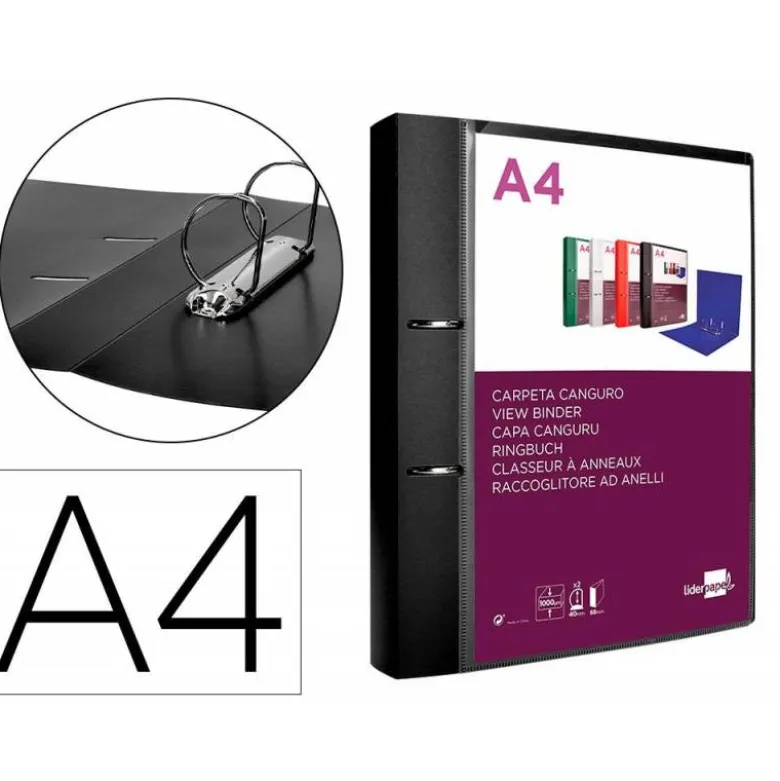 CARPETA LIDERPAPEL CANGURO 2 ANILLAS 40 MM MIXTAS POLIPROPILENO DIN A4 NEGRO