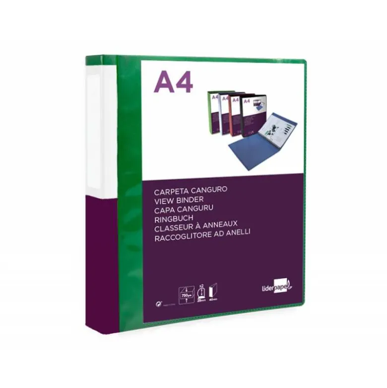 CARPETA LIDERPAPEL CANGURO 2 ANILLAS 25 MM DIN A4 COLOR VERDE POLIPROPILENO