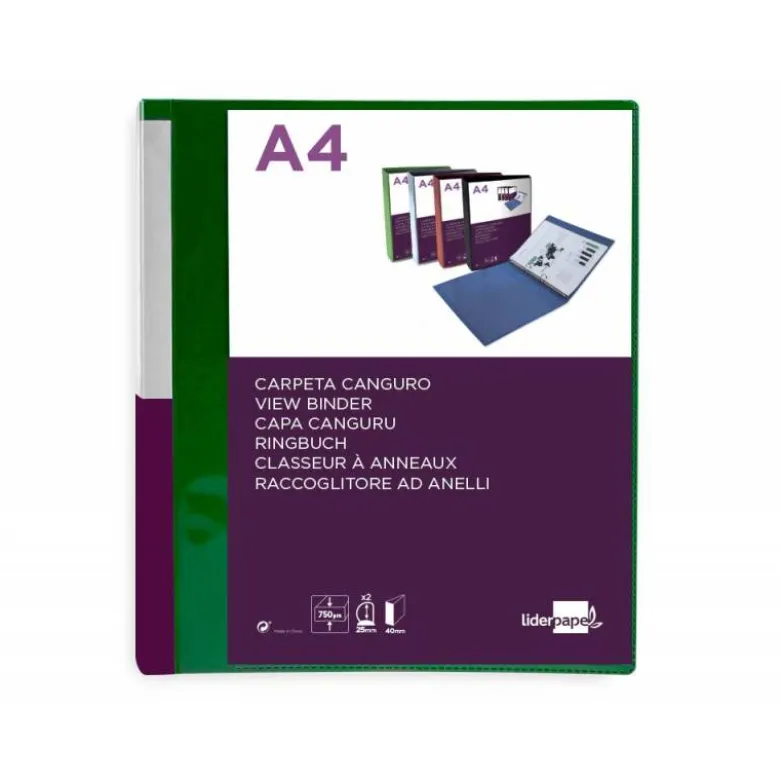 CARPETA LIDERPAPEL CANGURO 2 ANILLAS 25 MM DIN A4 COLOR VERDE POLIPROPILENO