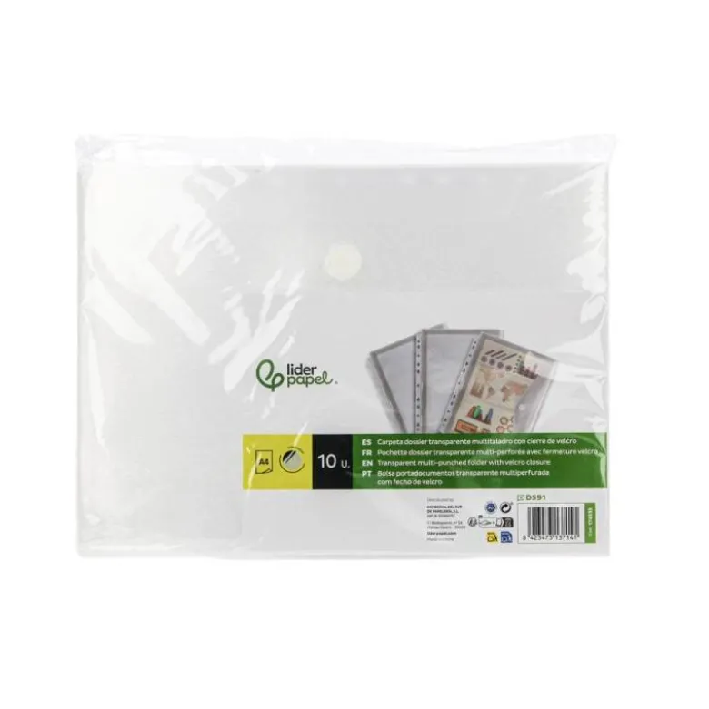 CARPETA LIDERPAPEL DOSSIER BROCHE POLIPROPILENO A4 CIERRE DE VELCRO 180 MICRAS 11 TALADROS TRANSPARENTE